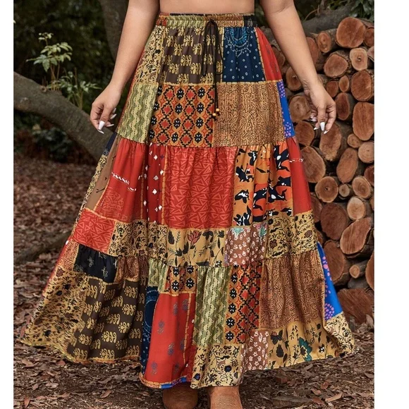 Plus floral print Patchwork Stretchy Waist Maxi Skirt - Picture 3 of 4